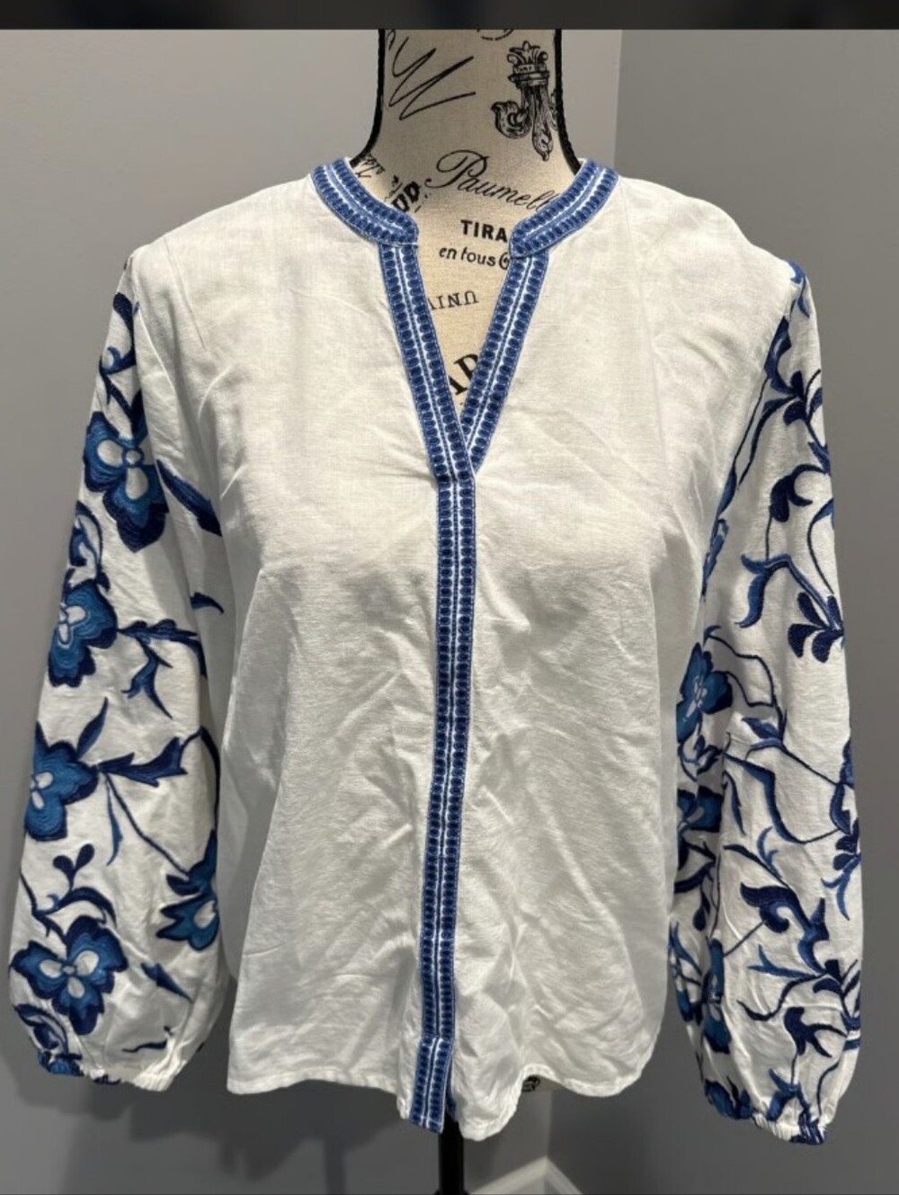 Calypso St Barth Large EmbroiderV-Neck Cotton Linen Blend Tunic Top White Blue